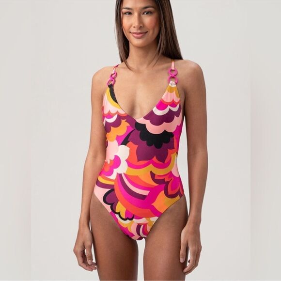 NWT WOMEN'S FAN FAIRE TWIST BACK HALTER PLUNGE ONE PIECE SWIMSUIT - Picture 7 of 14